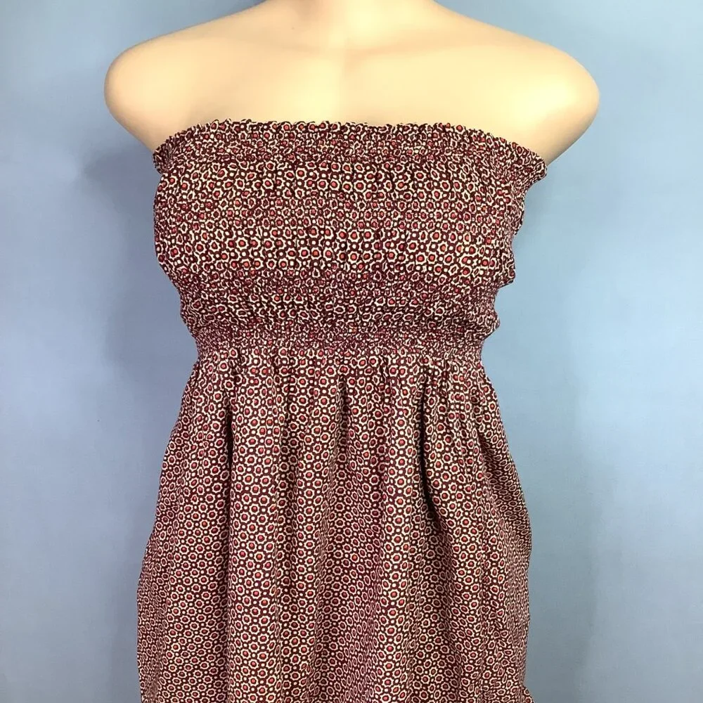 Vintage Bohemian Strapless Smocked Midi Dress With Ornate Border Print - Picture 2 of 8